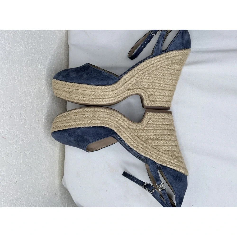 Sam Edelman Espadrille Wedge Sandals Womens Size‎ 7.5 Blue Suede Ankle Strappy